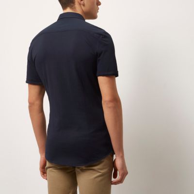Navy short sleeved casual muscle fit shirt